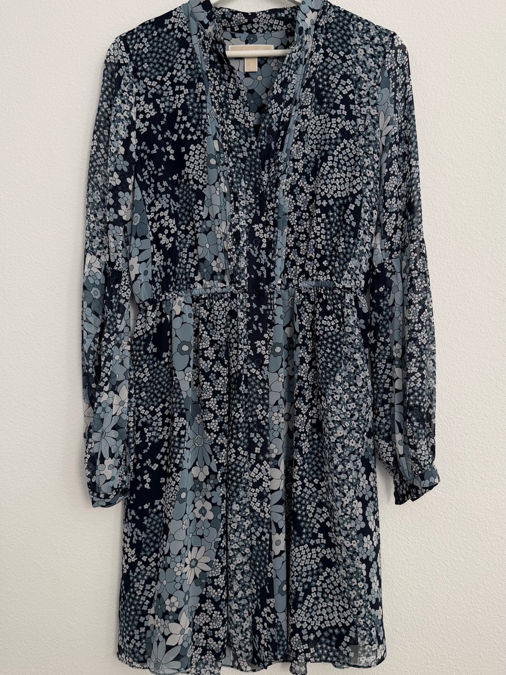 MICHAEL Michael Kors Navy and Light Blue Floral Tiered Long Sleeve Dress